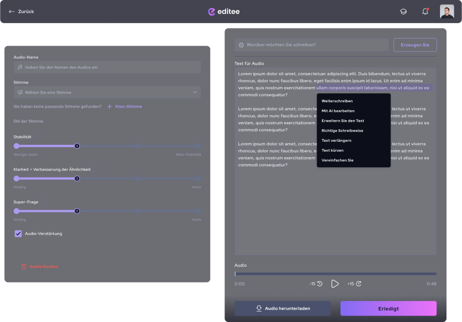 Arbeit mit AI-Audio Text-zu-Sprache