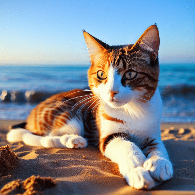 kočka na pláži vygenerovaná pomocí umělé inteligence