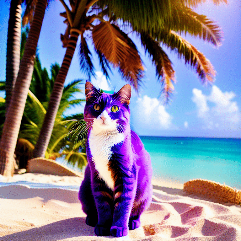 fialová kočka na pláži vygenerovaná pomocí AI
