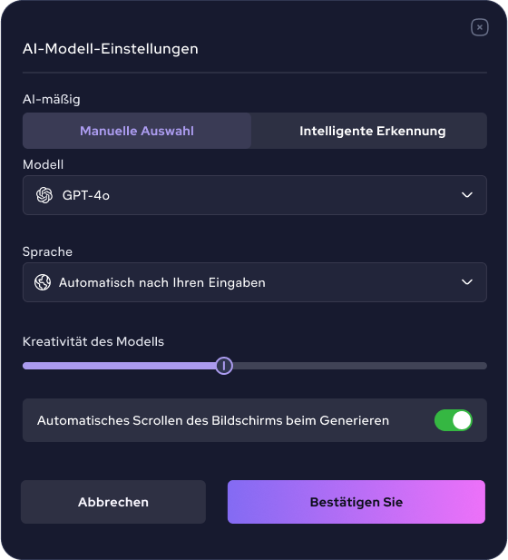 AI-Modellauswahl und erweiterte Chat-Einstellungen - Temperature, Thinking-Modus, Ausgabeformat