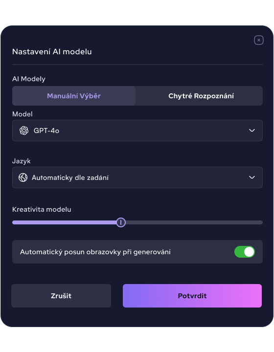 Výběr AI modelů a pokročilé nastavení chatu - temperature, thinking mód, formát výstupů