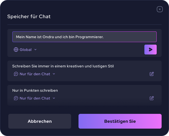 Globales Chat-Gedächtnis - Speicherung von Informationen für wiederholte Nutzung